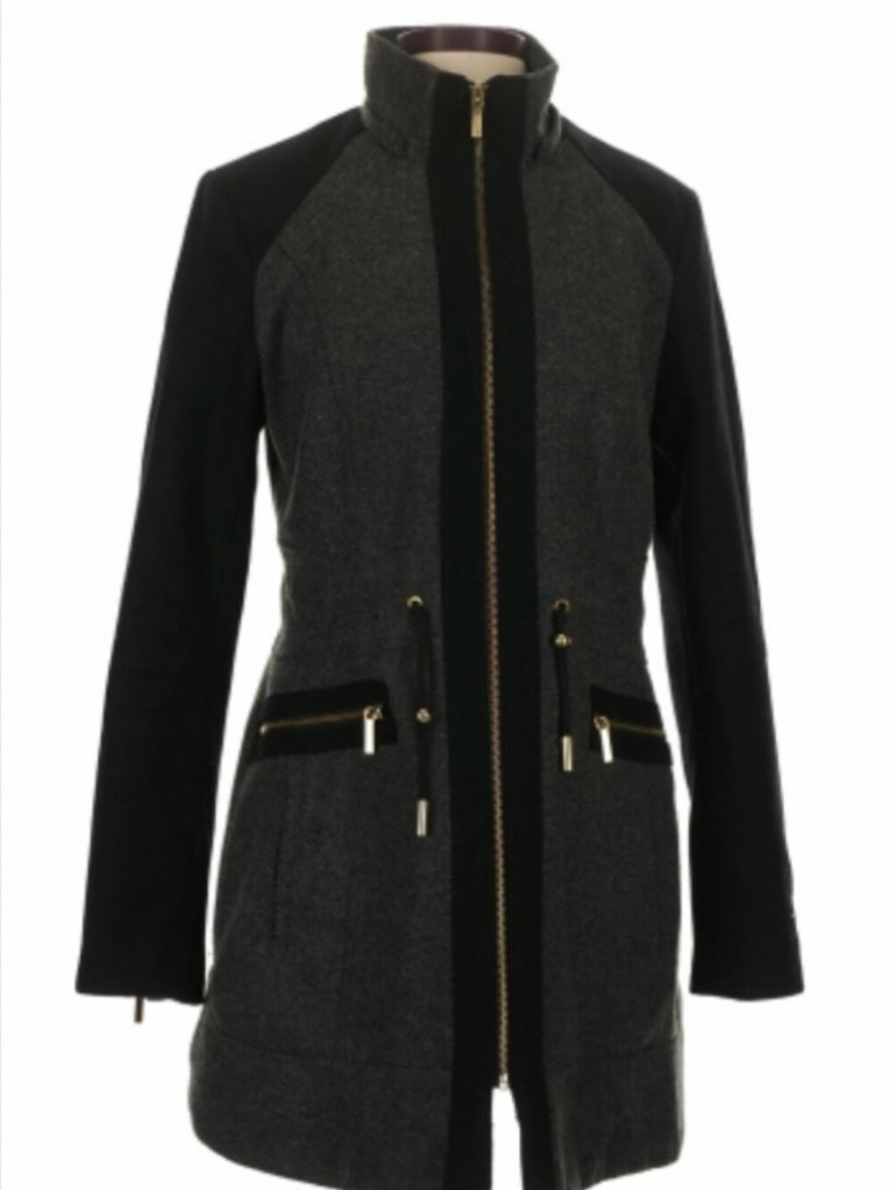 Laundry By Shelli Segal Gray Black Tweed Wool Faux Fur Hood Coat Jacket Size XS - Picture 9 of 12